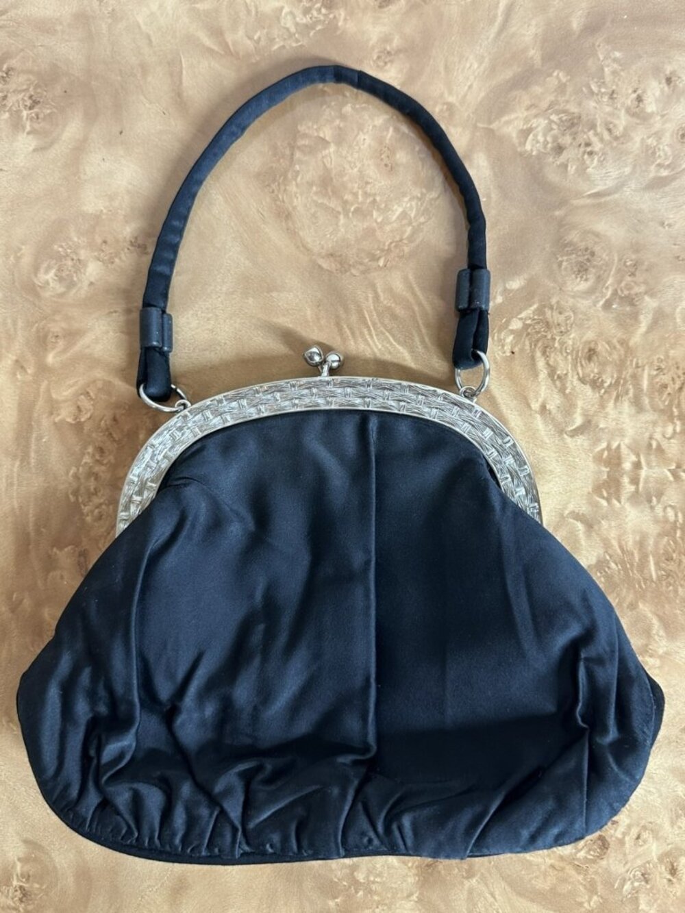 Vintage Garay Black Satin Evening Bag Kiss Lock Clutch Top Handle Cocktail Purse